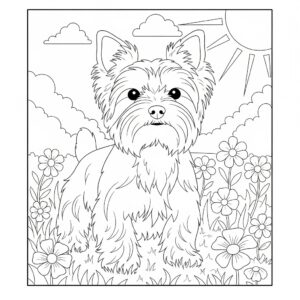 Gratis utskrivbar yorkshireterrier i en solig trädgård