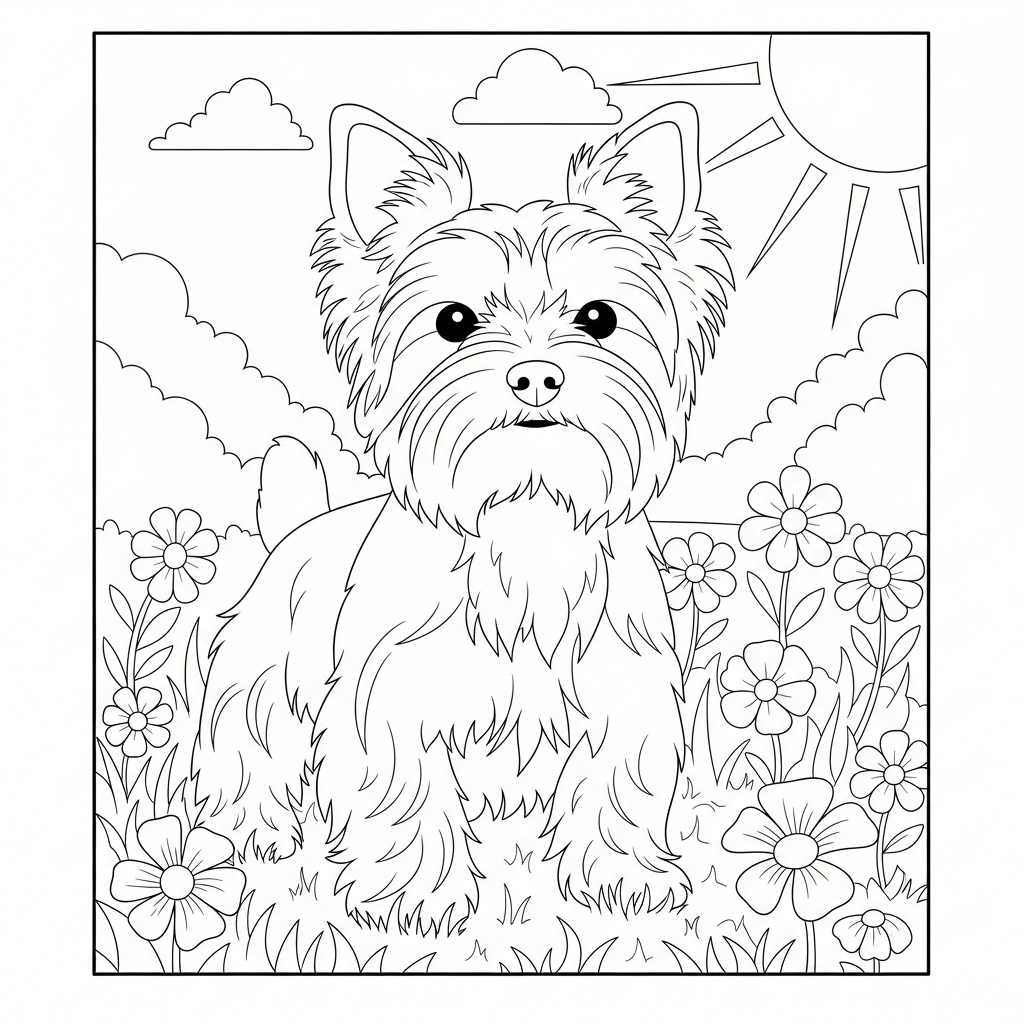 Gratis utskrivbar yorkshireterrier i en solig trädgård