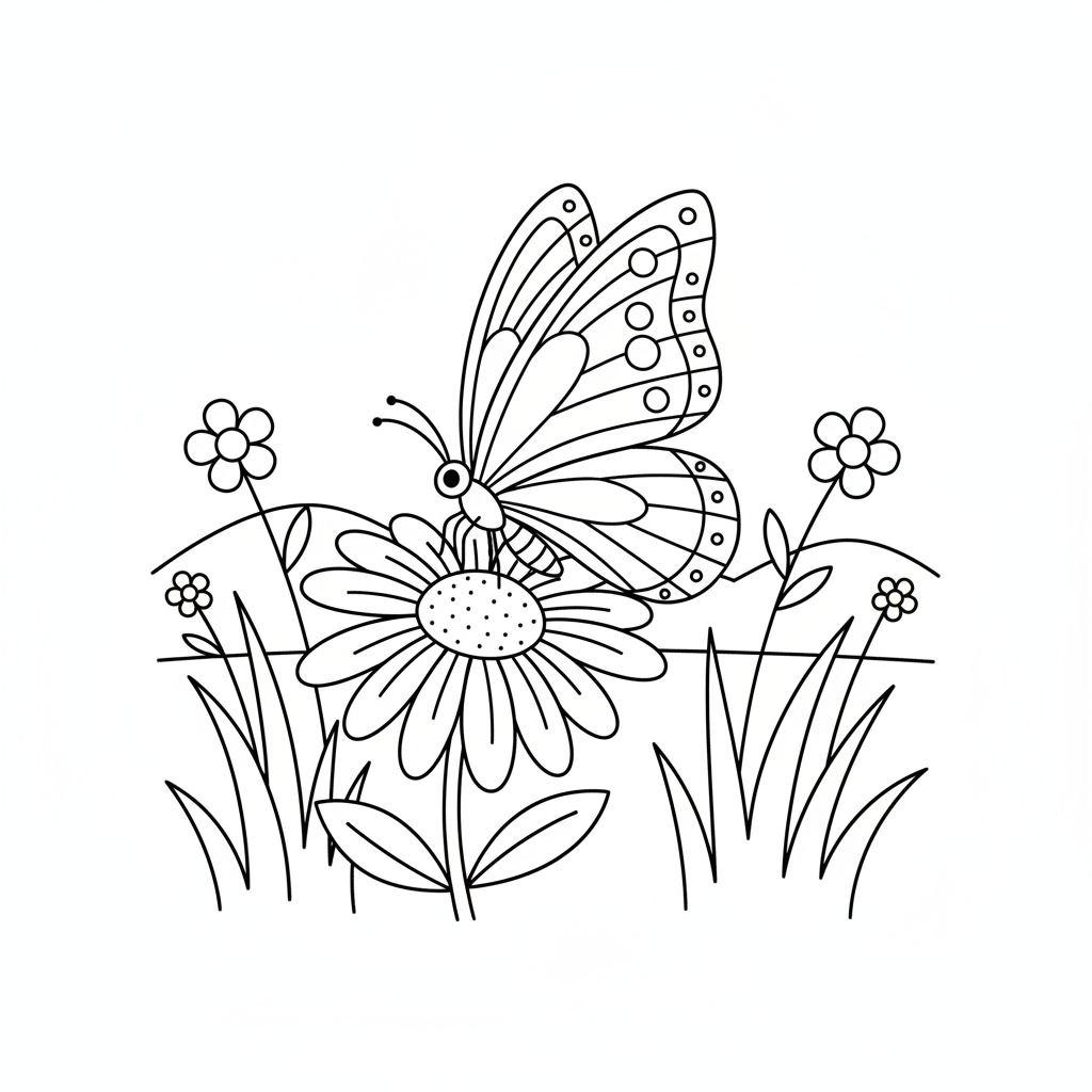 Gratis vårfjäril på blomsteräng målarbild för barn