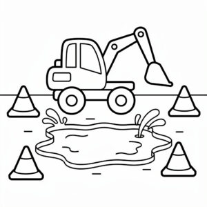 Grävmaskin vid lerig väg teckning
