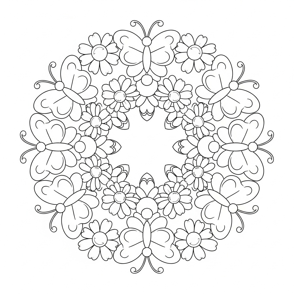 Gullig mandala med fjärilar att färglägga