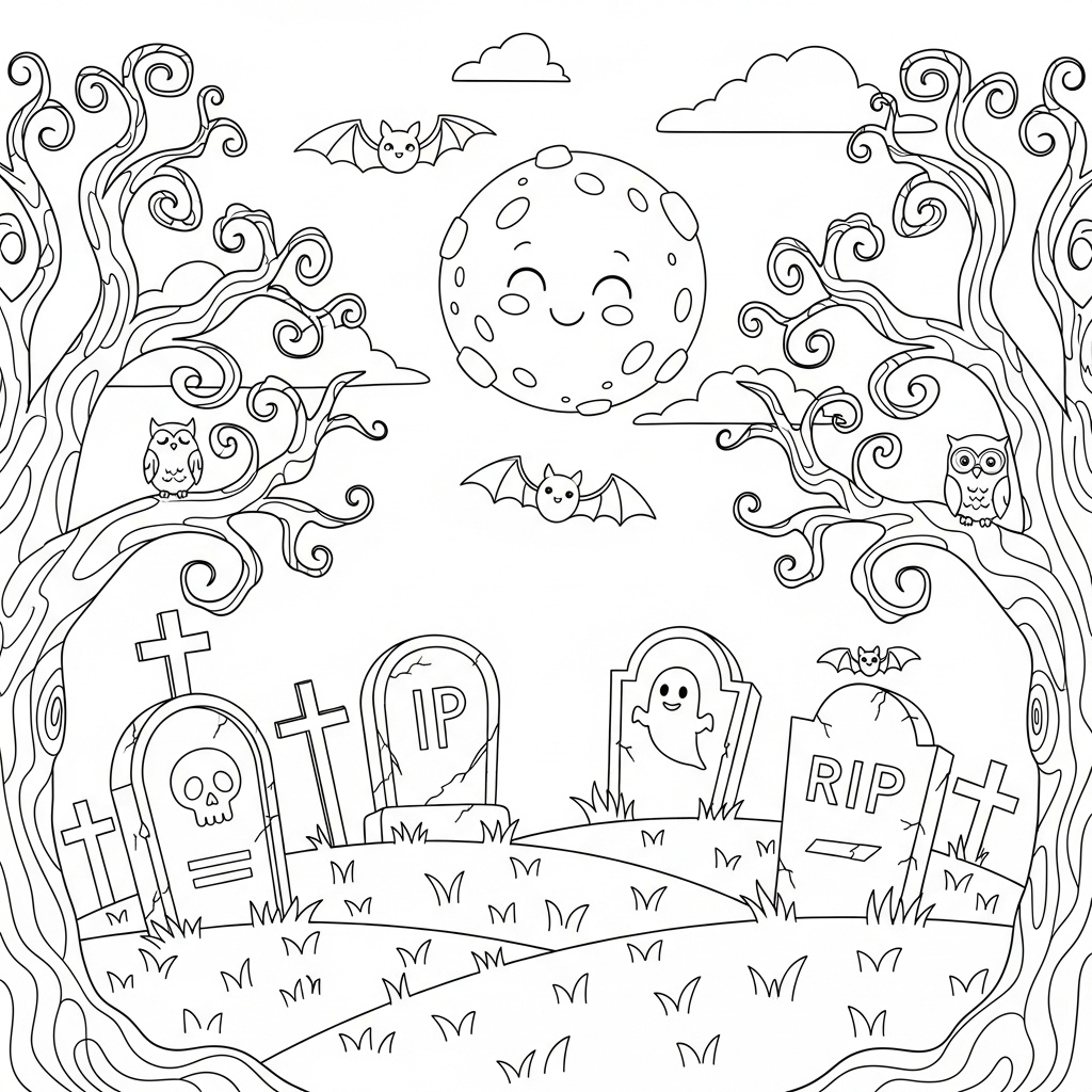 Halloween: nattlig kyrkogårdsscen för skolbarn