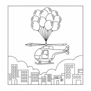 Helikopter och färgglada ballonger – gratis målarbild