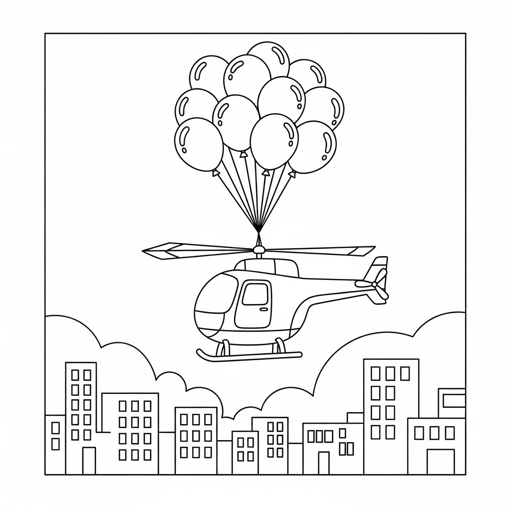 Helikopter och färgglada ballonger – gratis målarbild