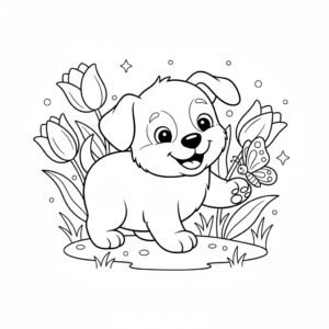 Hund i vårens blomsterträdgård med fjäril