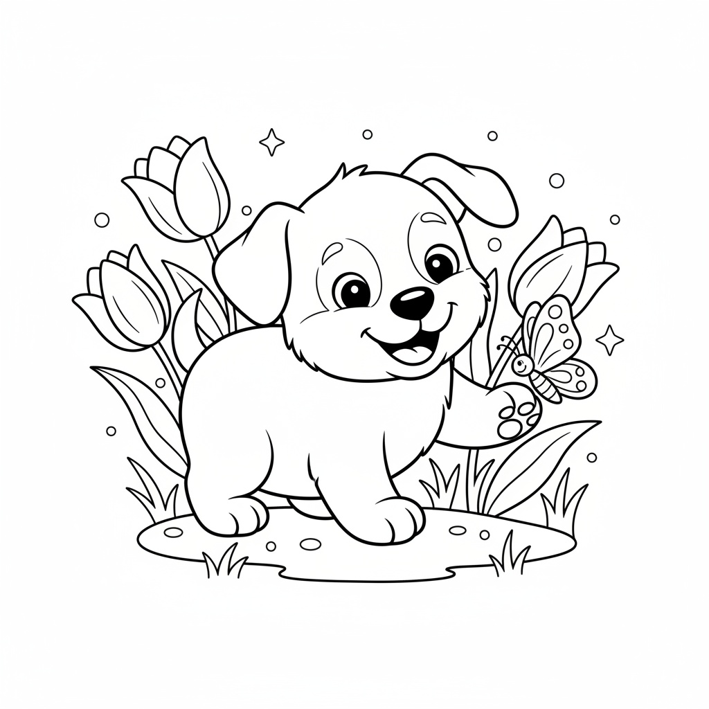 Hund i vårens blomsterträdgård med fjäril
