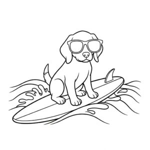 Hund på stranden med surfbräda vid vågorna