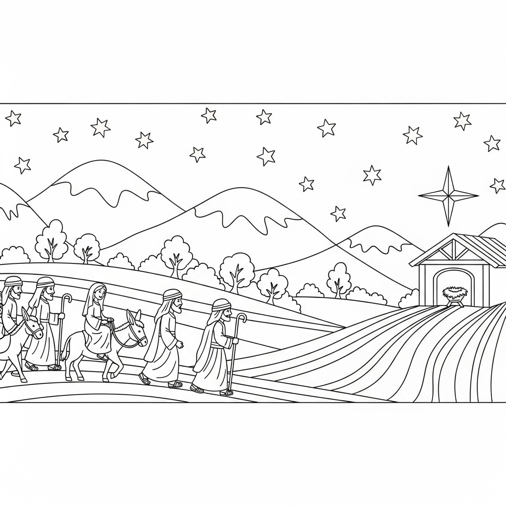 Julkrubba landskap med berg och vandrare