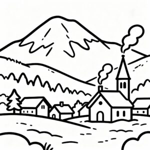 Julmålarbild för skolbarn: snötäckt by