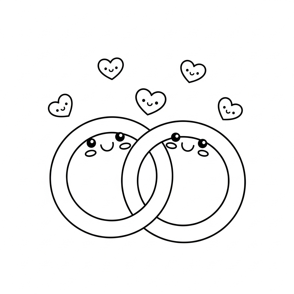 Kawaii bröllopsteckning med sagolika ringar