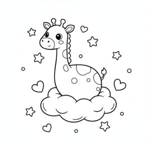 Kawaii-stil giraff bland moln och stjärnor