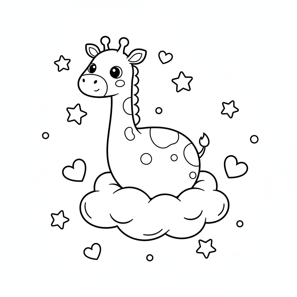 Kawaii-stil giraff bland moln och stjärnor