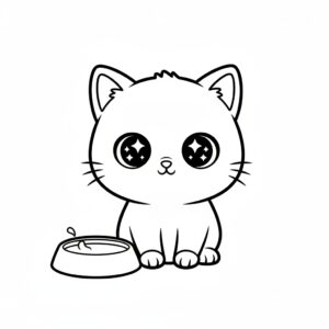 Kawaii-stil söt kattunge med mjölkskål