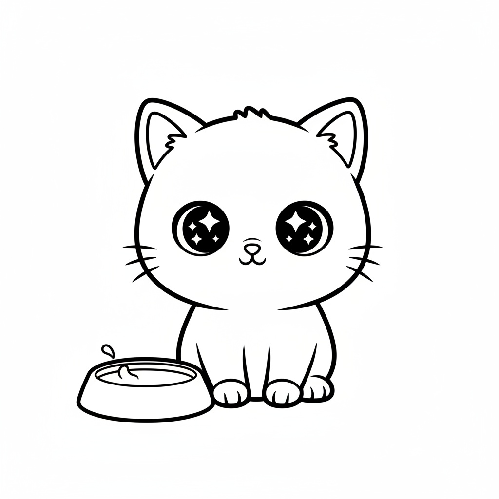 Kawaii-stil söt kattunge med mjölkskål