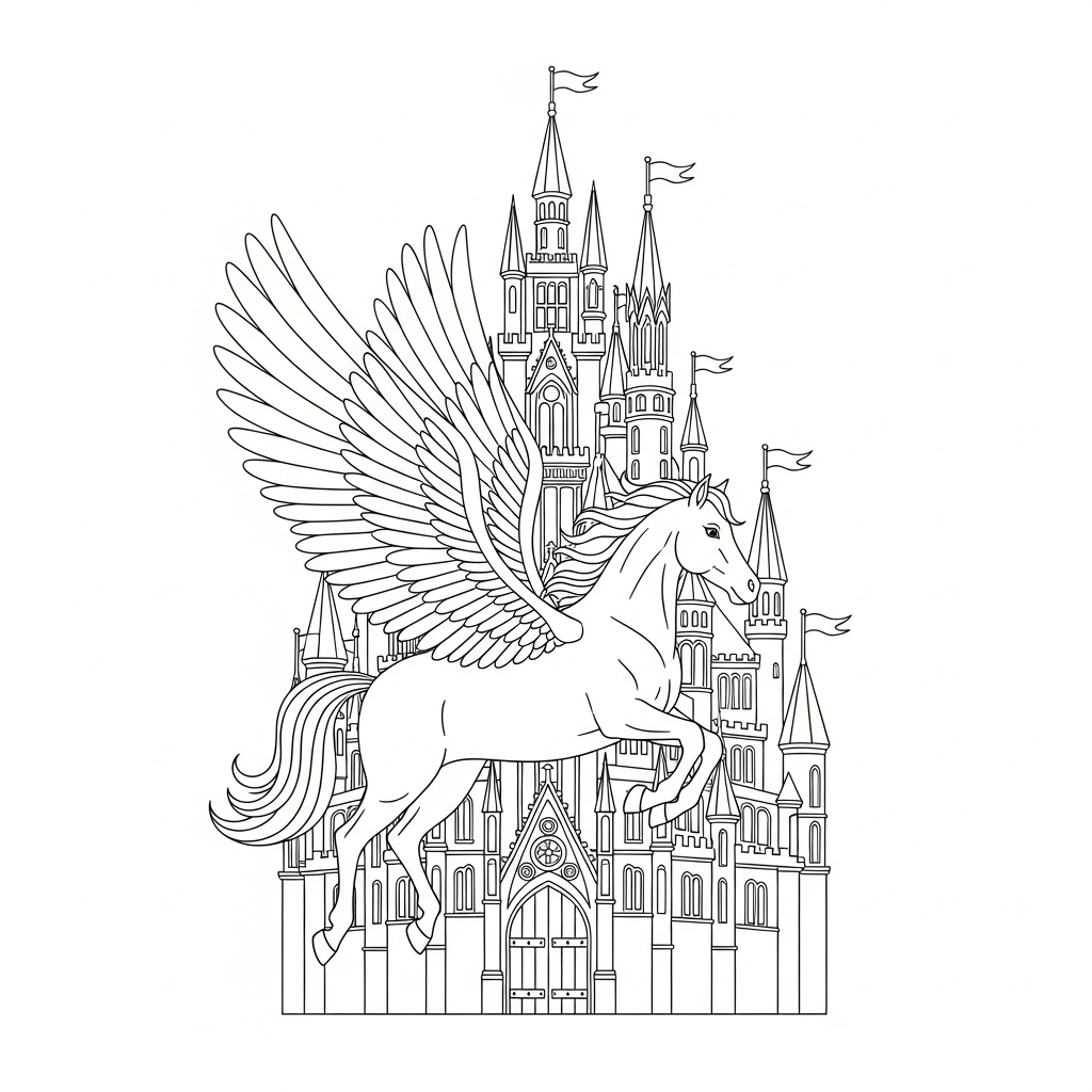 Komplex pegasus målarbild framför slott