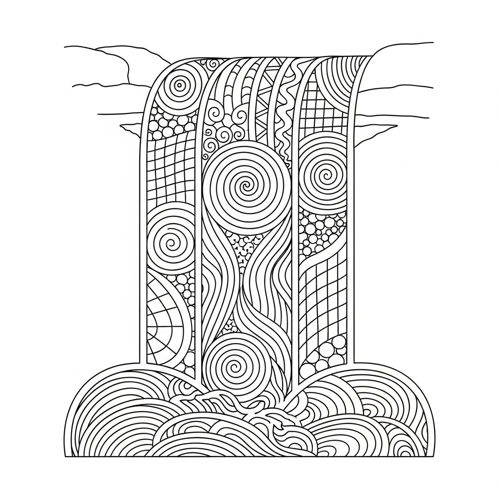 Landskap i zentangle-stil med vattenfall