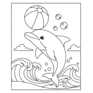 Lekfull vänlig delfin med boll och vattenbubblor målarbild