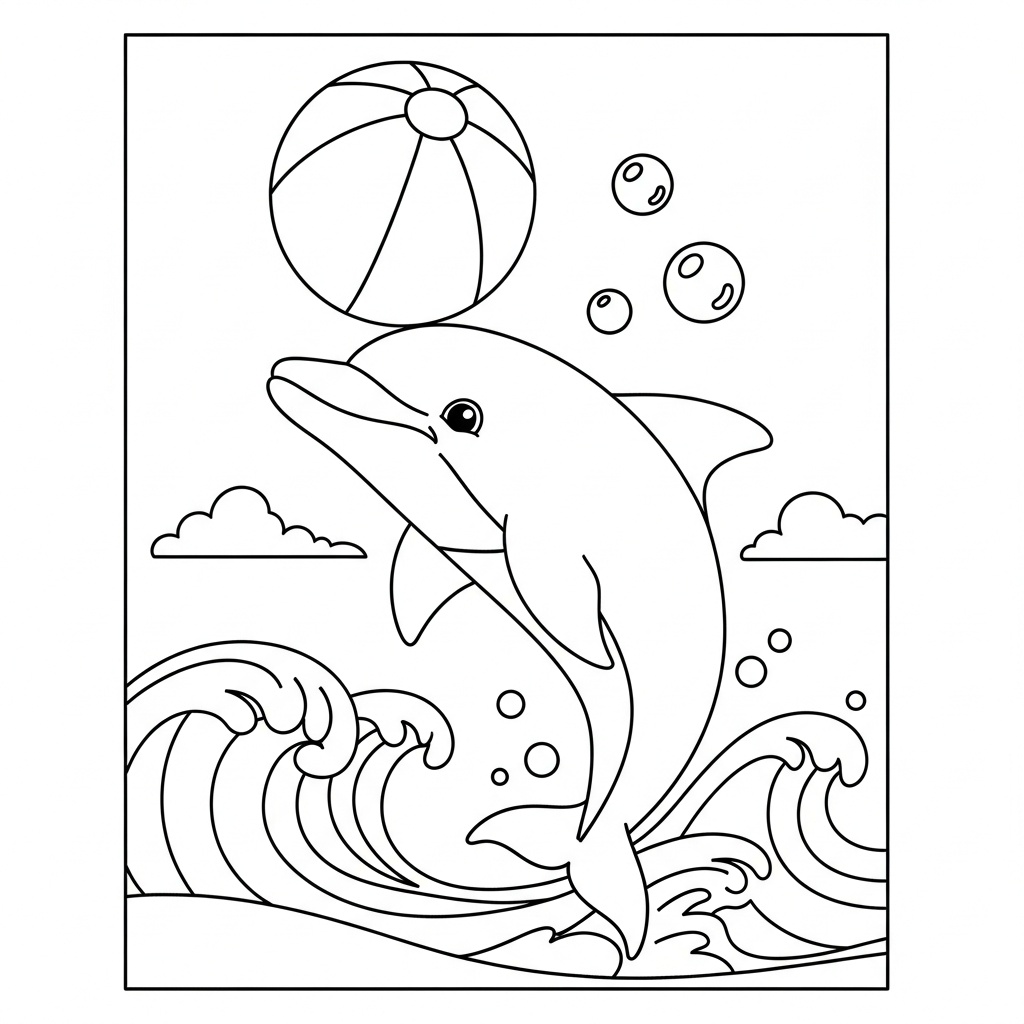 Lekfull vänlig delfin med boll och vattenbubblor målarbild
