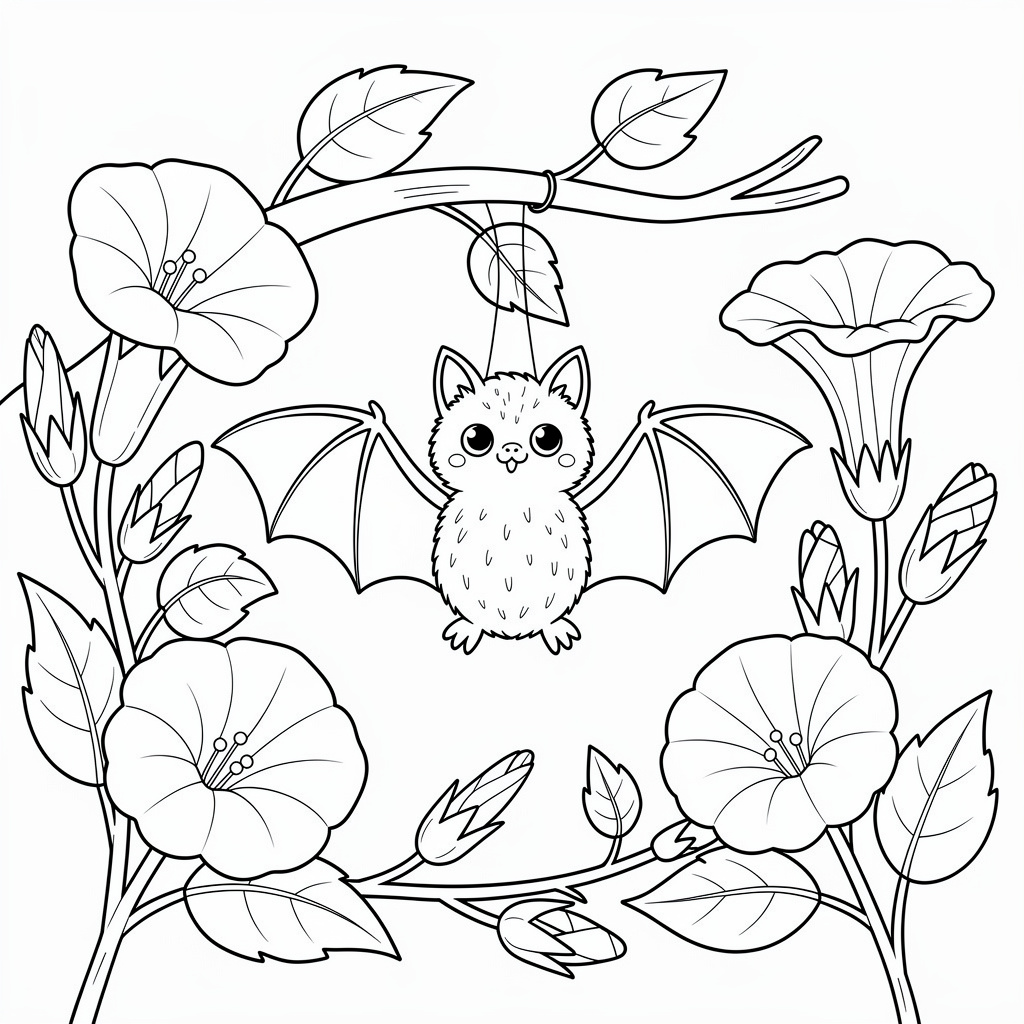 Liten fladdermus med mjuk päls bland blommor