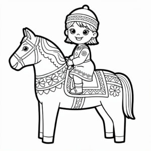 Liten flicka som rider på en dalahäst