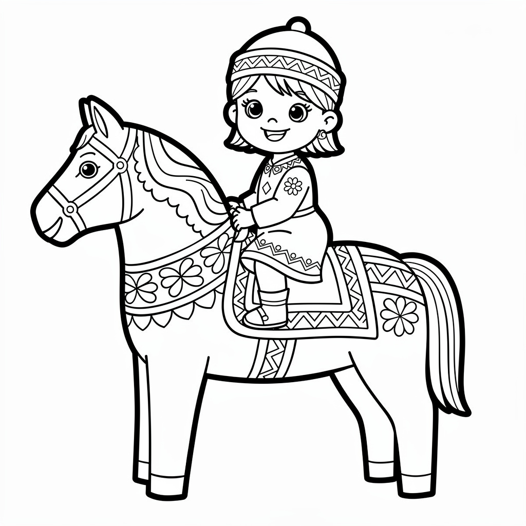 Liten flicka som rider på en dalahäst
