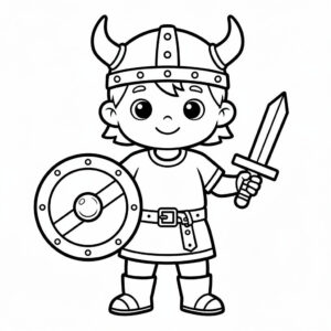 Liten vikingapojke med sköld och svärd