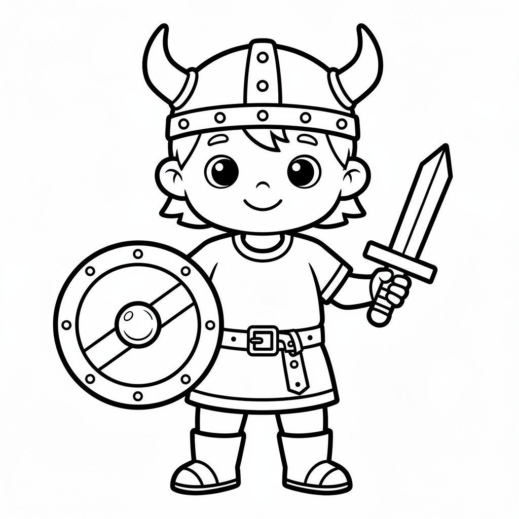 Liten vikingapojke med sköld och svärd