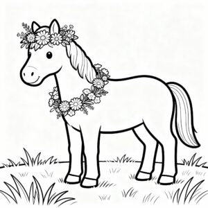 Magisk häst med blomsterkrans runt halsen