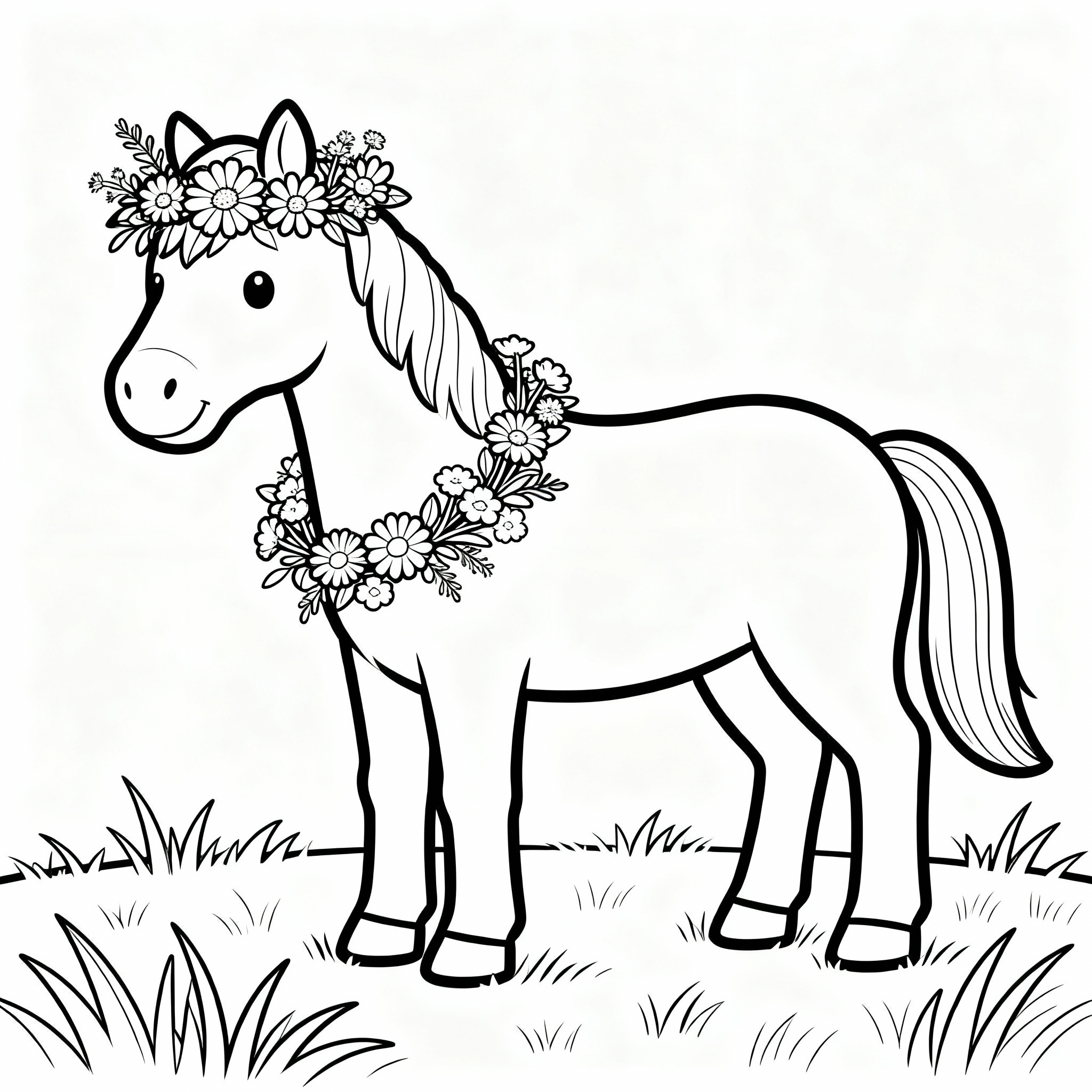 Magisk häst med blomsterkrans runt halsen