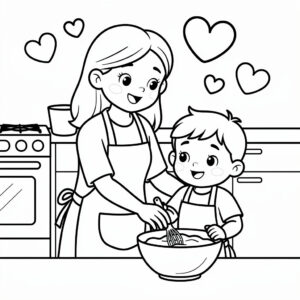 Mamma och barn bakar en tårta tillsammans