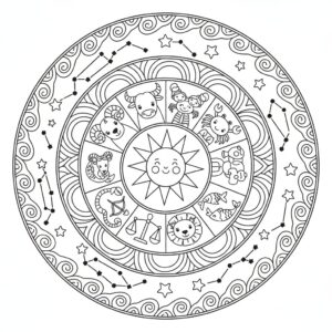 Mandala med de tolv stjärntecknens vackra symboler för skolbarn