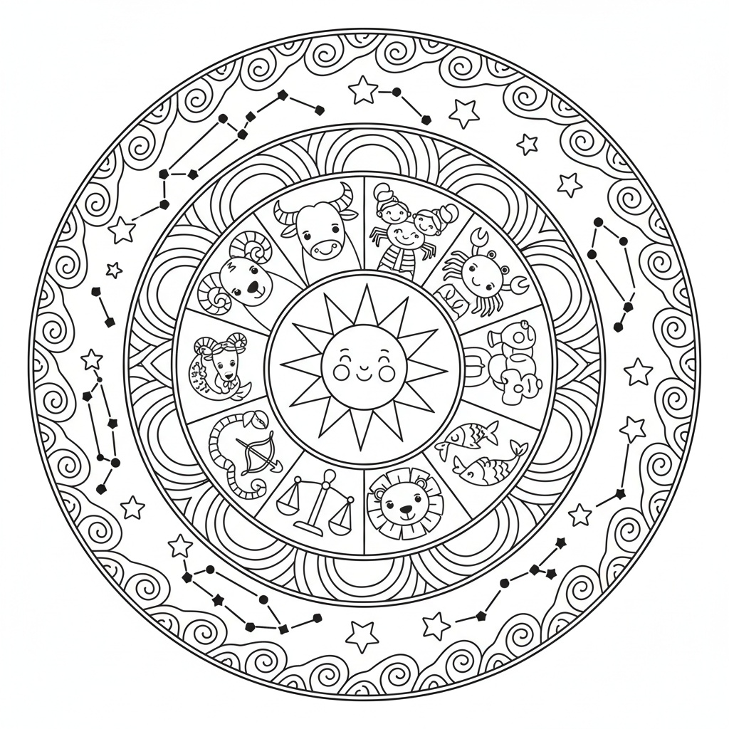 Mandala med de tolv stjärntecknens vackra symboler för skolbarn