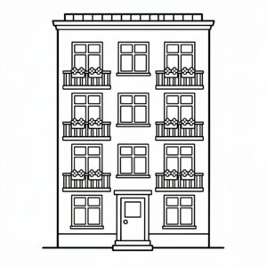 Modernt stadshus med balkonger och fönster
