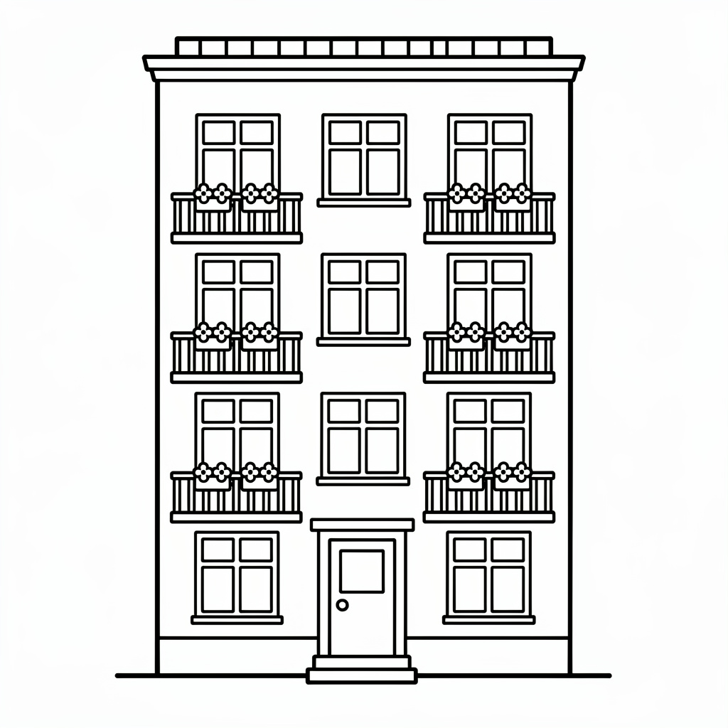 Modernt stadshus med balkonger och fönster