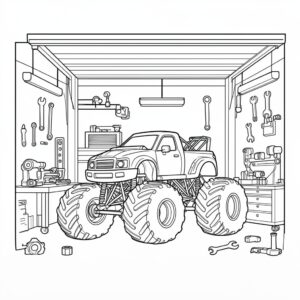 Monstertruck står i garaget omgiven av verktyg