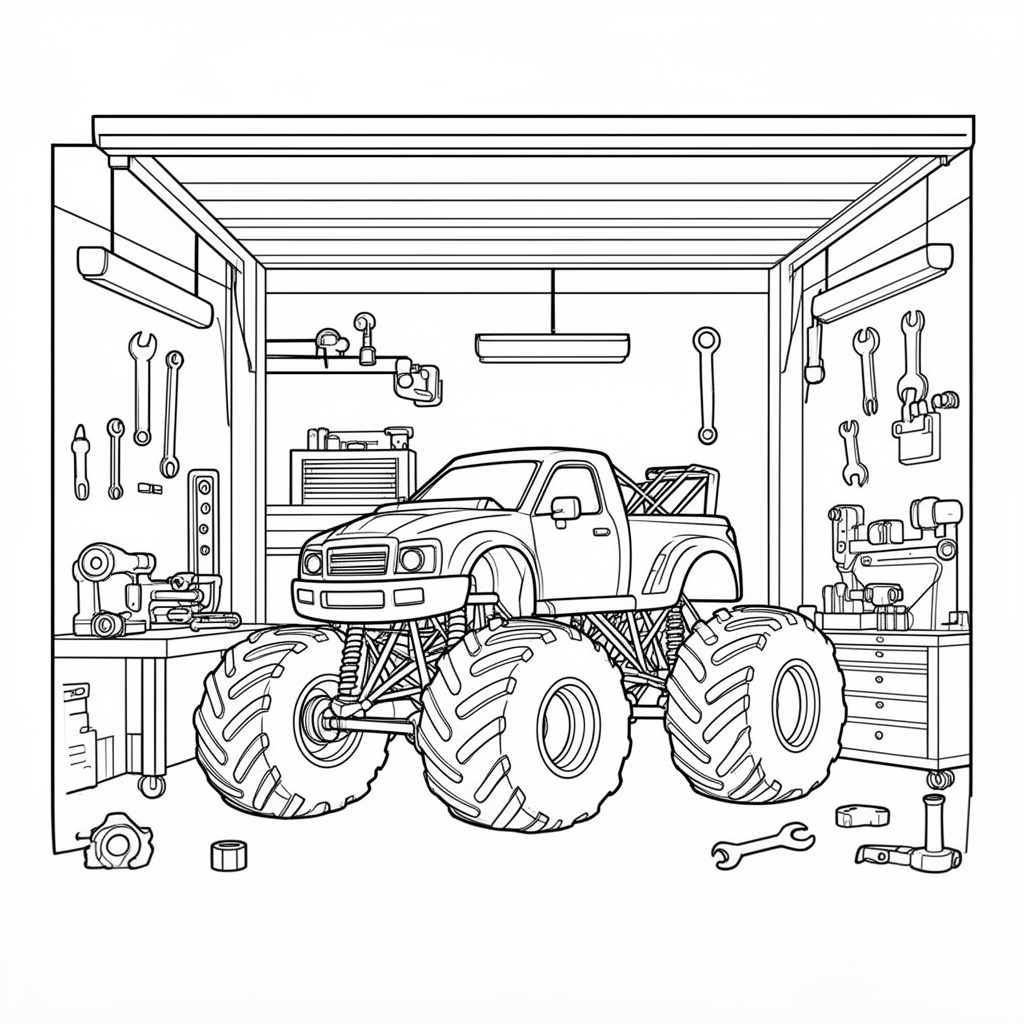 Monstertruck står i garaget omgiven av verktyg