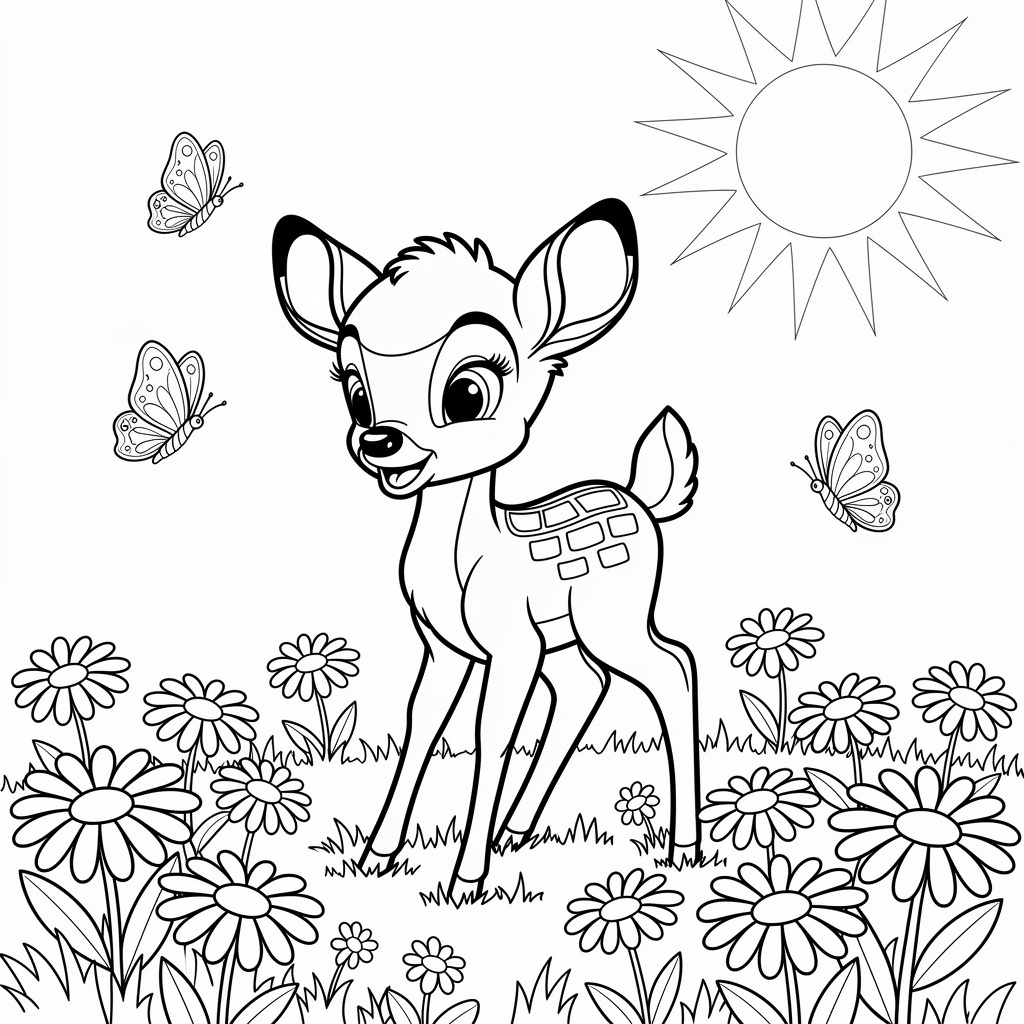 Nedladdningsbar Bambi målarbild bland vårblommor