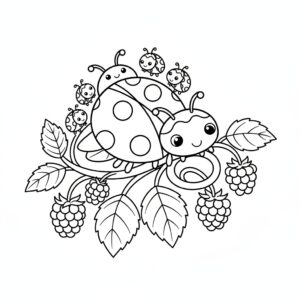 Nyckelpigsfamilj målarbild vid hallonbusken