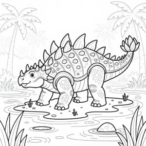 Pansarad dinosaurie i träsket med exotiska växter