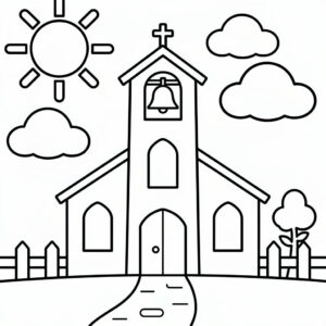 Pingst målarbild: kyrka på kullen