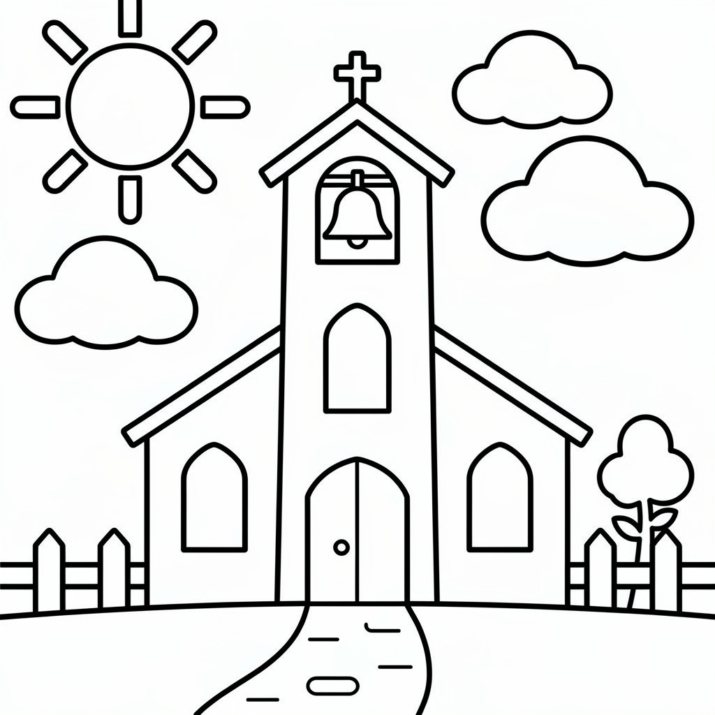 Pingst målarbild: kyrka på kullen