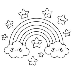 Regnbåge med moln i kawaii-stil