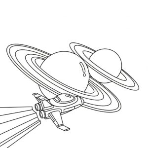 Rymdskepp och planet med ringar