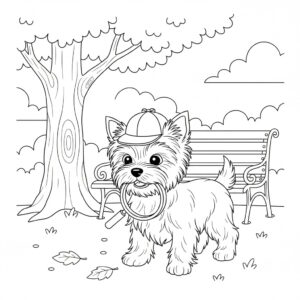 Sherlock yorkshireterrier detektiv med keps och förstoringsglas