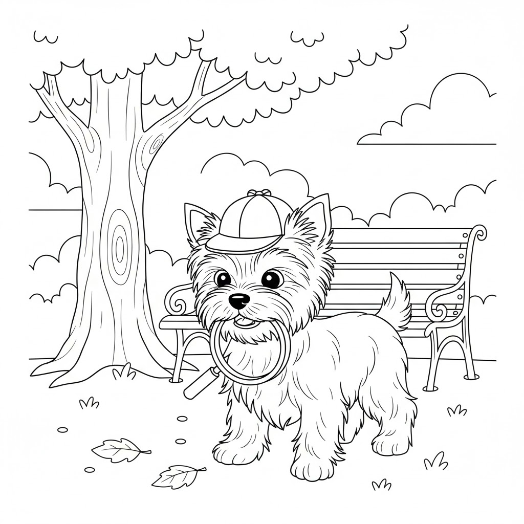 Sherlock yorkshireterrier detektiv med keps och förstoringsglas