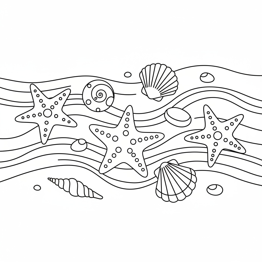 Sjöstjärnor och snäckor vid havets strand