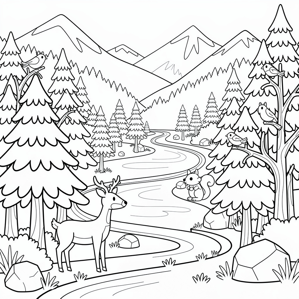 Skog målarbild: detaljerat landskap med tallar