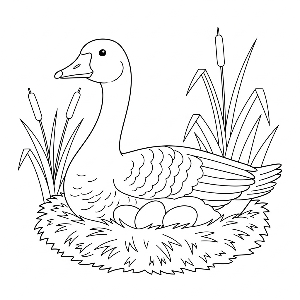 Skriv ut gås målarbild med bo och ägg