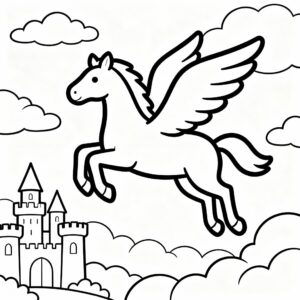 Skriv ut och färglägg en pegasos bland molnen