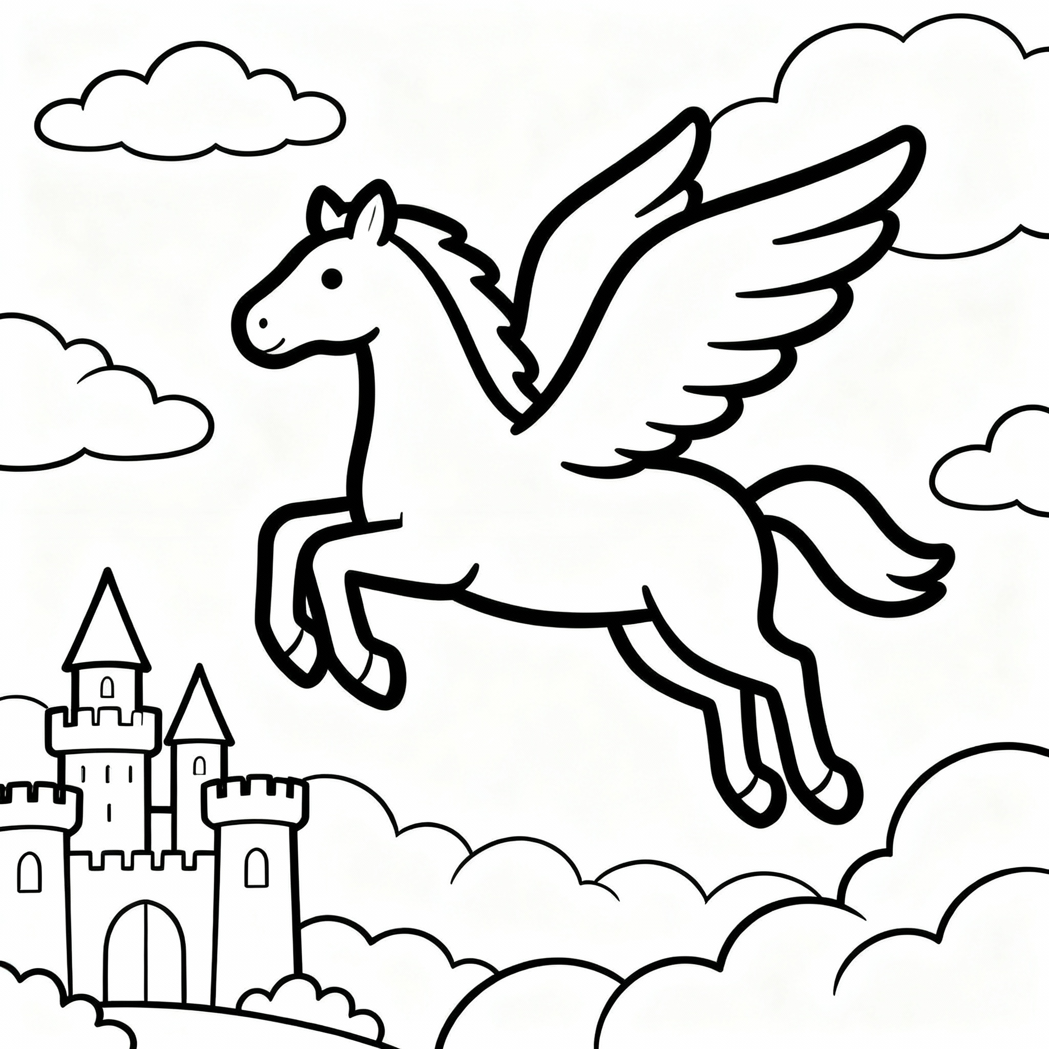 Skriv ut och färglägg en pegasos bland molnen